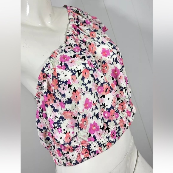 NWT  Universal Thread Sz L Womens One-Shoulder Floral Puff Sleeve Crop Top Pink - Picture 3 of 10